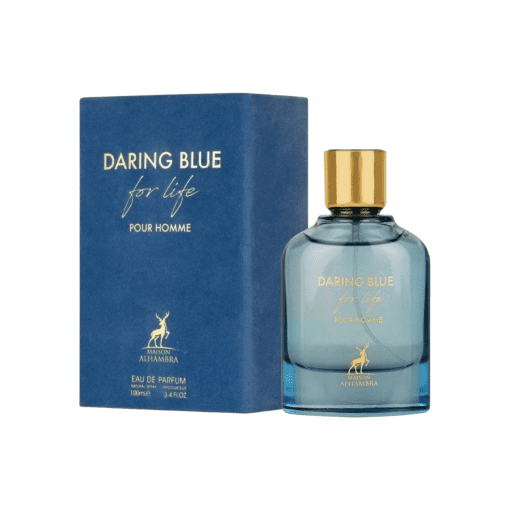 Discover the essence of adventure with Maison Alhambra's Daring Blue for Life Eau de Parfum. A unique scent for the modern man who embraces challenges and exudes confidence. Experience invigorating citrus notes, captivating violet leaf, and a warm, woody embrace. Embrace life's journey with boldness.