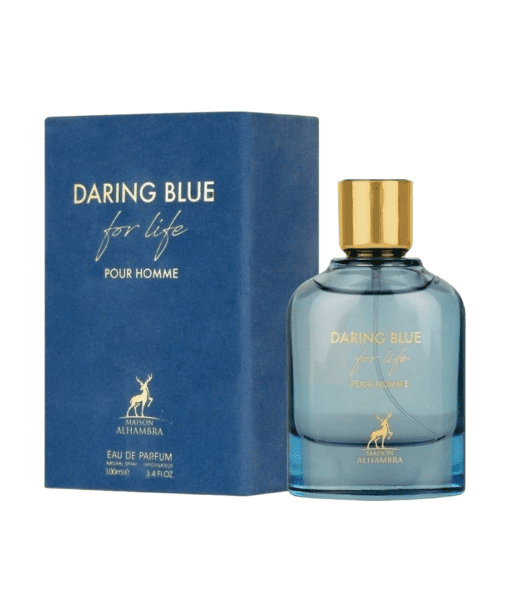 Discover the essence of adventure with Maison Alhambra's Daring Blue for Life Eau de Parfum. A unique scent for the modern man who embraces challenges and exudes confidence. Experience invigorating citrus notes, captivating violet leaf, and a warm, woody embrace. Embrace life's journey with boldness.