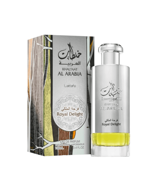 Elevate your fragrance game with Royal Delight by Khaltaat Al Arabia Delight Royal Silver, a masterpiece from Lattafa Perfumes. This opulent Arabian Oud fragrance, presented in a 100ml Eau De Parfum (EDP), is more than just a scent; it's a statement of confidence and sophistication. Crafted with a harmonious blend of bergamot, lavender, cardamom, geranium, patchouli, cedarwood, and vanilla, it offers a luxurious olfactory experience suitable for various occasions. Indulge in the captivating allure of Royal Delight and leave an indelible mark of refinement and elegance wherever you go.