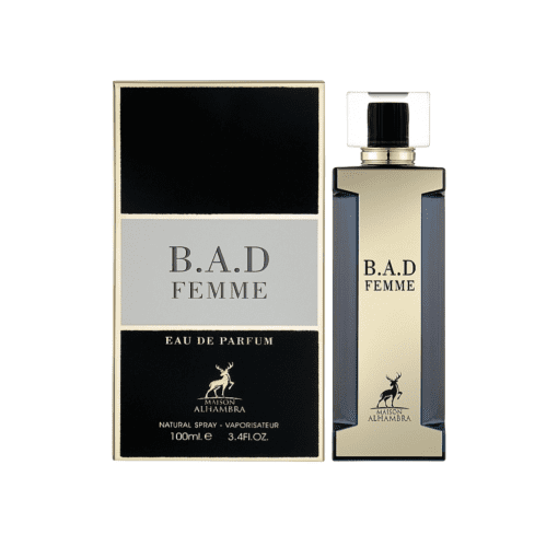 Amplify your allure with Maison Alhambra's Bad Femme—an audacious fragrance crafted for the empowered woman. Curated by Shopify, this scent combines lively fruity and floral notes, followed by a captivating blend of spice and femininity. The warm and woody base notes leave a lasting impression, encased in an elegant 3.4 fl oz bottle that embodies both versatility and sophistication. Choose Bad Femme to make a bold and unmistakable statement—an expression of modern confidence and individuality.