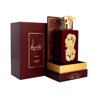 Lattafa Ansaam Gold perfume bottle with a luxurious gold design